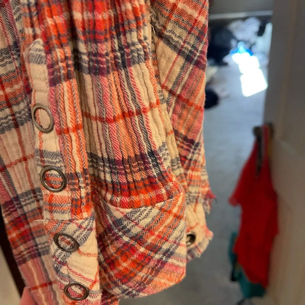 Free People Flannel Red and White Plaid Button-Up Shirt - Picture 3 of 6